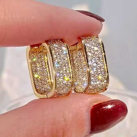 Gold Plated Zircon Diamond Pave Square Hoop Minimalist Earrings - Picture 2 of 3